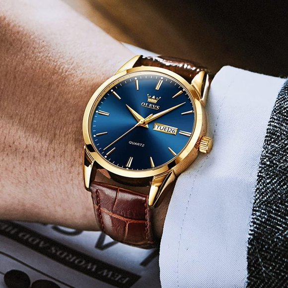 Olevs Men Brown Leather Waterproof Luminous Quartz Watch - Picture 10 of 13